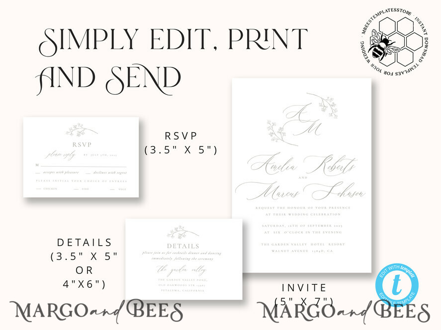 TEMPLETT wedding invitation download Elegant wedding Invitation Template, Simple Instant Download Printable Invites Home Printing, Boho Baby Breath Wedding Invitation Card Set