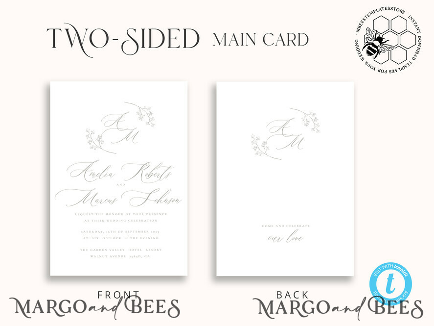 TEMPLETT wedding invitation download Elegant wedding Invitation Template, Simple Instant Download Printable Invites Home Printing, Boho Baby Breath Wedding Invitation Card Set