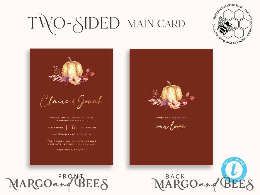 TEMPLETT wedding invitation download Elegant boho fall wedding Invitations Set Template, Instant Download Printable Invites Home Printing, Autumn Fine Art Invitation Card Set