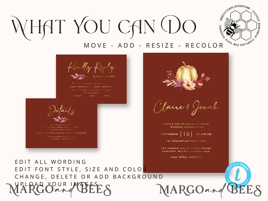 TEMPLETT wedding invitation download Elegant boho fall wedding Invitations Set Template, Instant Download Printable Invites Home Printing, Autumn Fine Art Invitation Card Set