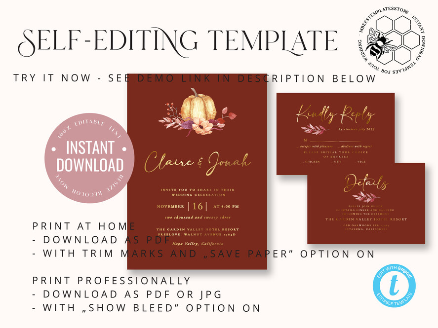 TEMPLETT wedding invitation download Elegant boho fall wedding Invitations Set Template, Instant Download Printable Invites Home Printing, Autumn Fine Art Invitation Card Set