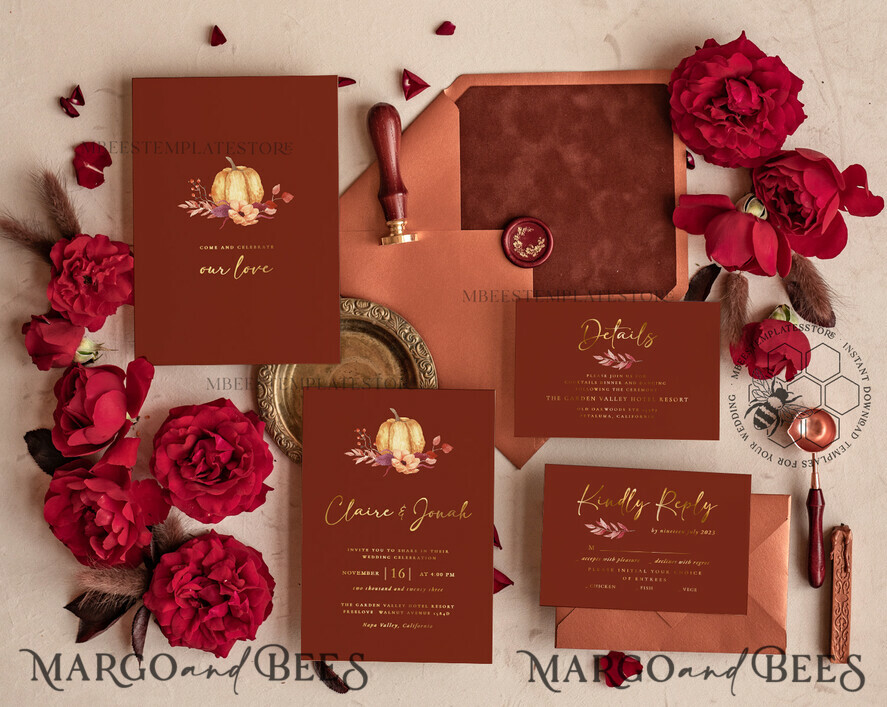 TEMPLETT wedding invitation download Elegant boho fall wedding Invitations Set Template, Instant Download Printable Invites Home Printing, Autumn Fine Art Invitation Card Set
