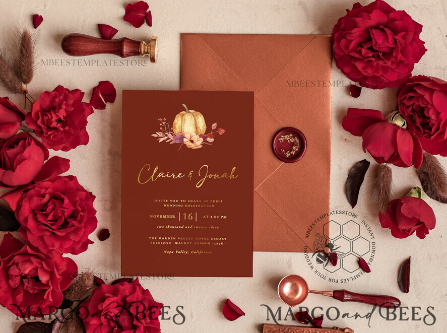 TEMPLETT wedding invitation download Elegant boho fall wedding Invitations Set Template, Instant Download Printable Invites Home Printing, Autumn Fine Art Invitation Card Set