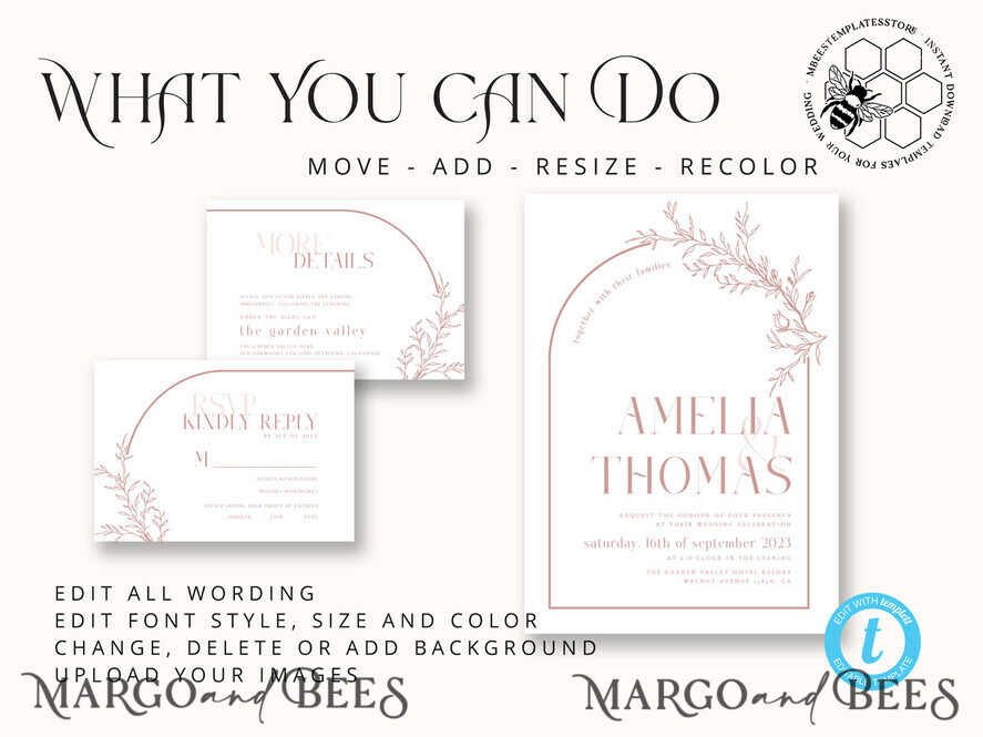 TEMPLETT wedding invitation download Elegant Blush wedding Invitation Template, Instant Download Printable Invites Home Printing, Pink Boho Wedding Invitation Card Set Template