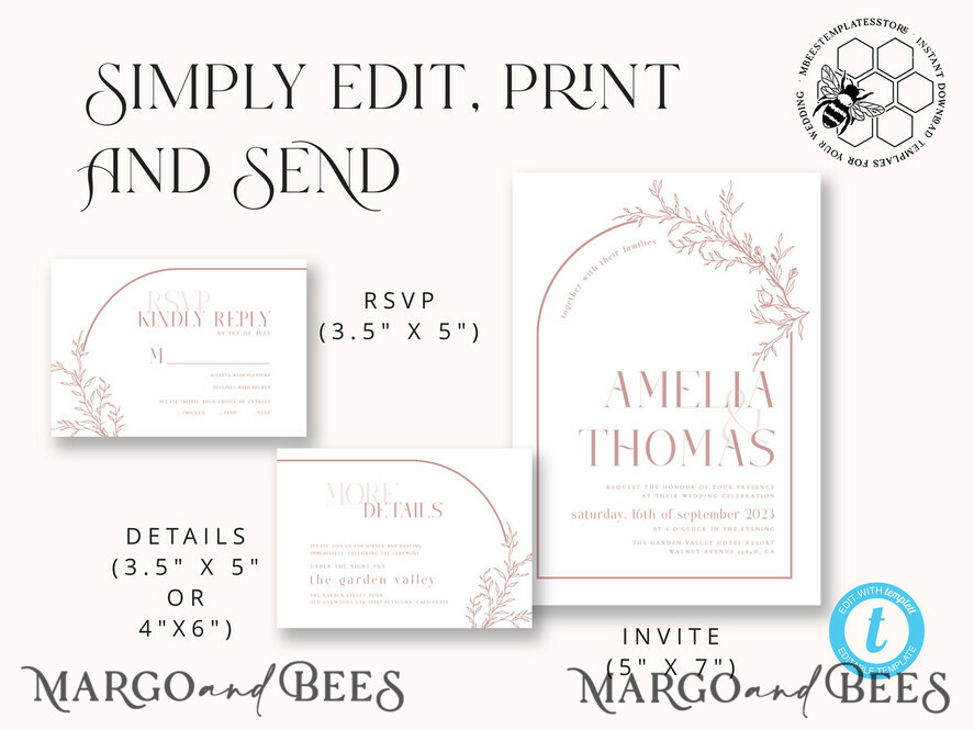 TEMPLETT wedding invitation download Elegant Blush wedding Invitation Template, Instant Download Printable Invites Home Printing, Pink Boho Wedding Invitation Card Set Template