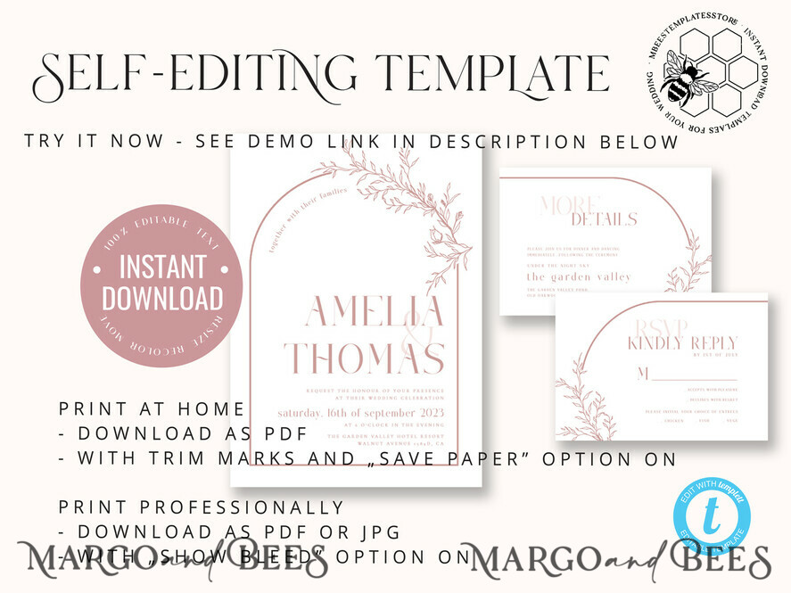 TEMPLETT wedding invitation download Elegant Blush wedding Invitation Template, Instant Download Printable Invites Home Printing, Pink Boho Wedding Invitation Card Set Template