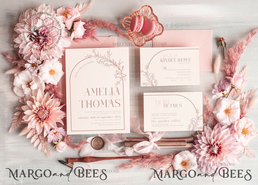TEMPLETT wedding invitation download Elegant Blush wedding Invitation Template, Instant Download Printable Invites Home Printing, Pink Boho Wedding Invitation Card Set Template