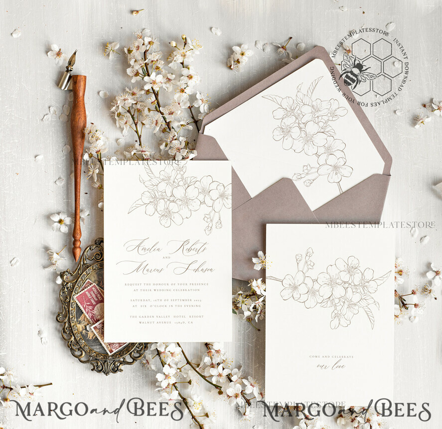 TEMPLETT wedding invitation download Modern Beige wedding Invitation Template, Elegant Instant Download Printable Invites Home Printing, Boho Cherry Wedding Invitation Card Set