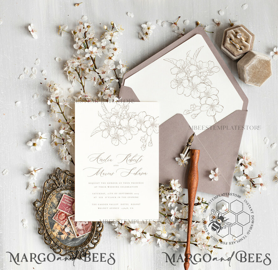 TEMPLETT wedding invitation download Modern Beige wedding Invitation Template, Elegant Instant Download Printable Invites Home Printing, Boho Cherry Wedding Invitation Card Set