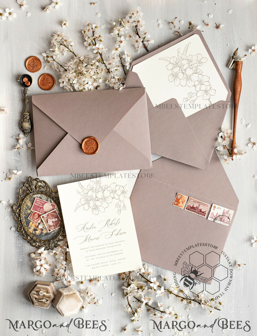 TEMPLETT wedding invitation download Modern Beige wedding Invitation Template, Elegant Instant Download Printable Invites Home Printing, Boho Cherry Wedding Invitation Card Set