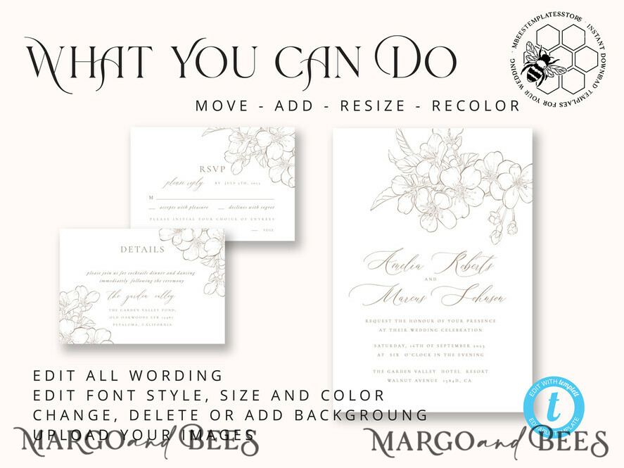 TEMPLETT wedding invitation download Modern Beige wedding Invitation Template, Elegant Instant Download Printable Invites Home Printing, Boho Cherry Wedding Invitation Card Set
