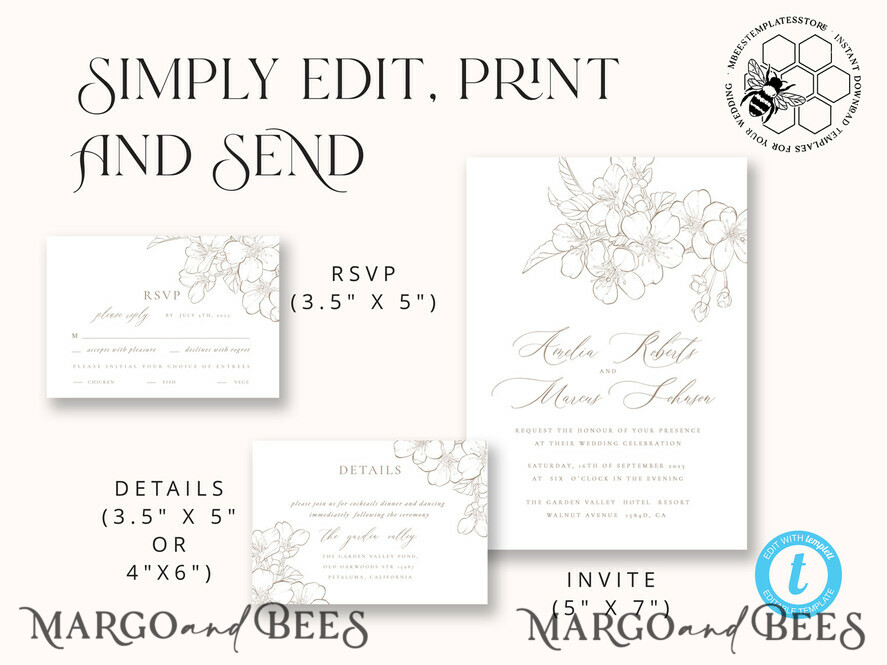TEMPLETT wedding invitation download Modern Beige wedding Invitation Template, Elegant Instant Download Printable Invites Home Printing, Boho Cherry Wedding Invitation Card Set