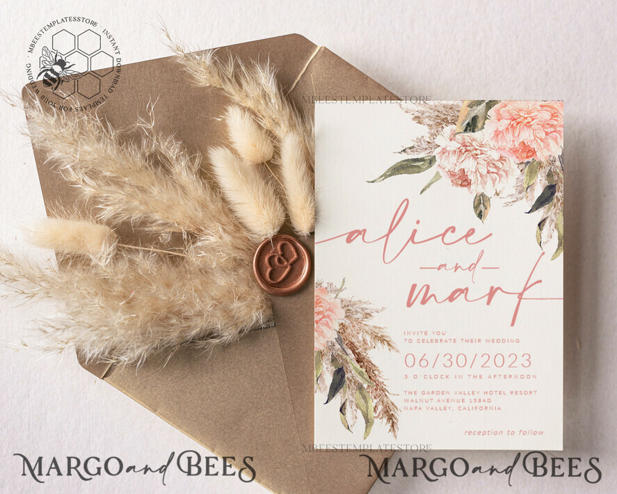 TEMPLETT wedding invitation download Elegant Boho wedding Invitations Set Template, Instant Download Printable Invites Home Printing, Simple Boho Wedding Invitation Card Set