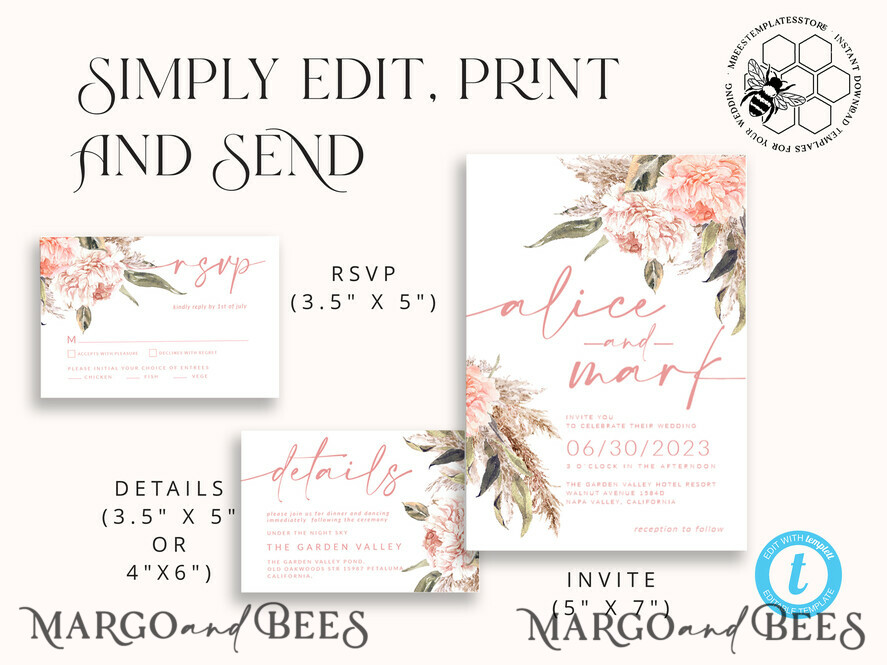 TEMPLETT wedding invitation download Elegant Boho wedding Invitations Set Template, Instant Download Printable Invites Home Printing, Simple Boho Wedding Invitation Card Set