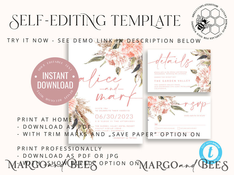 TEMPLETT wedding invitation download Elegant Boho wedding Invitations Set Template, Instant Download Printable Invites Home Printing, Simple Boho Wedding Invitation Card Set