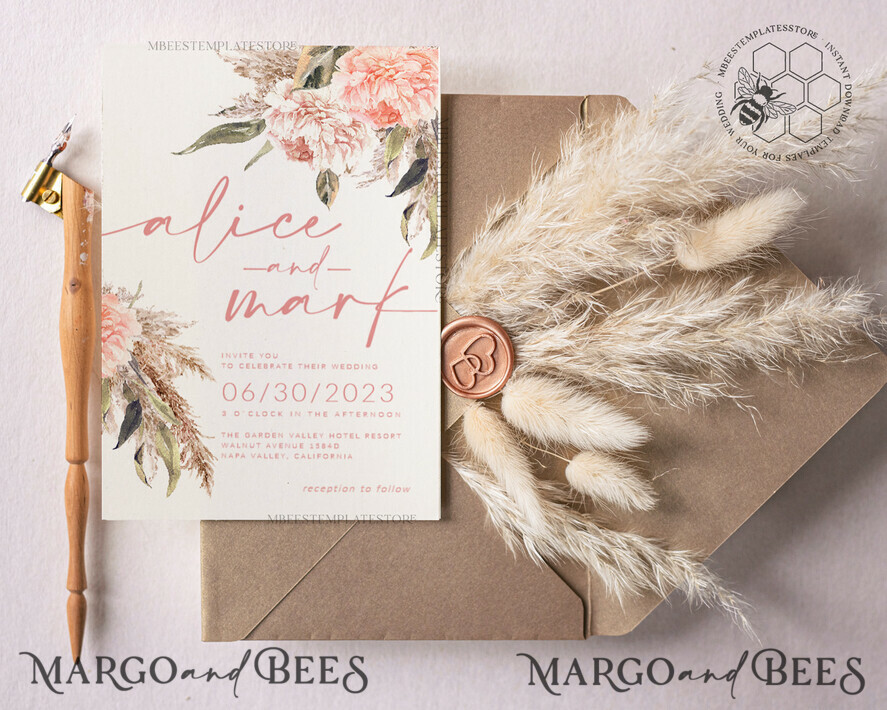 TEMPLETT wedding invitation download Elegant Boho wedding Invitations Set Template, Instant Download Printable Invites Home Printing, Simple Boho Wedding Invitation Card Set