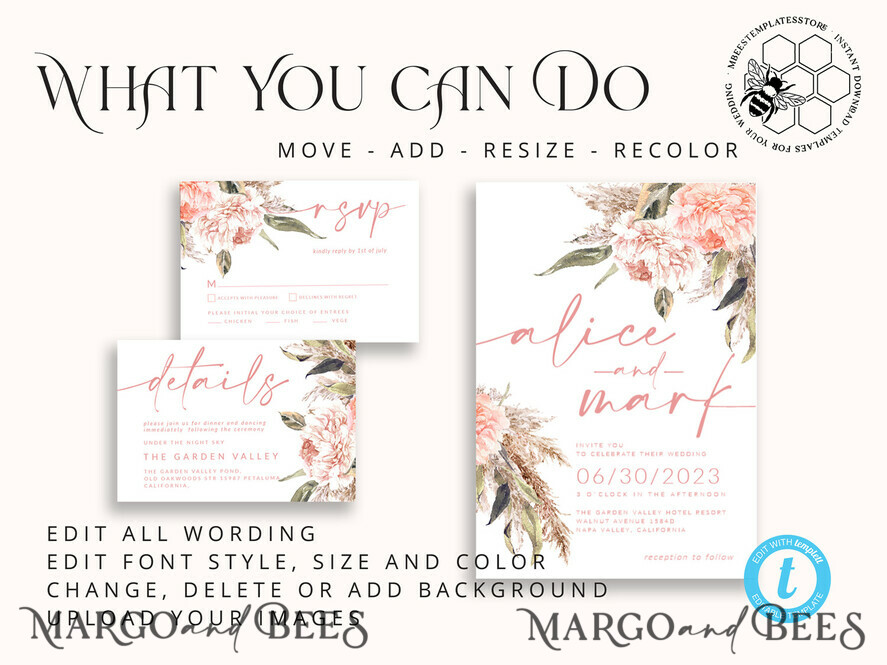 TEMPLETT wedding invitation download Elegant Boho wedding Invitations Set Template, Instant Download Printable Invites Home Printing, Simple Boho Wedding Invitation Card Set