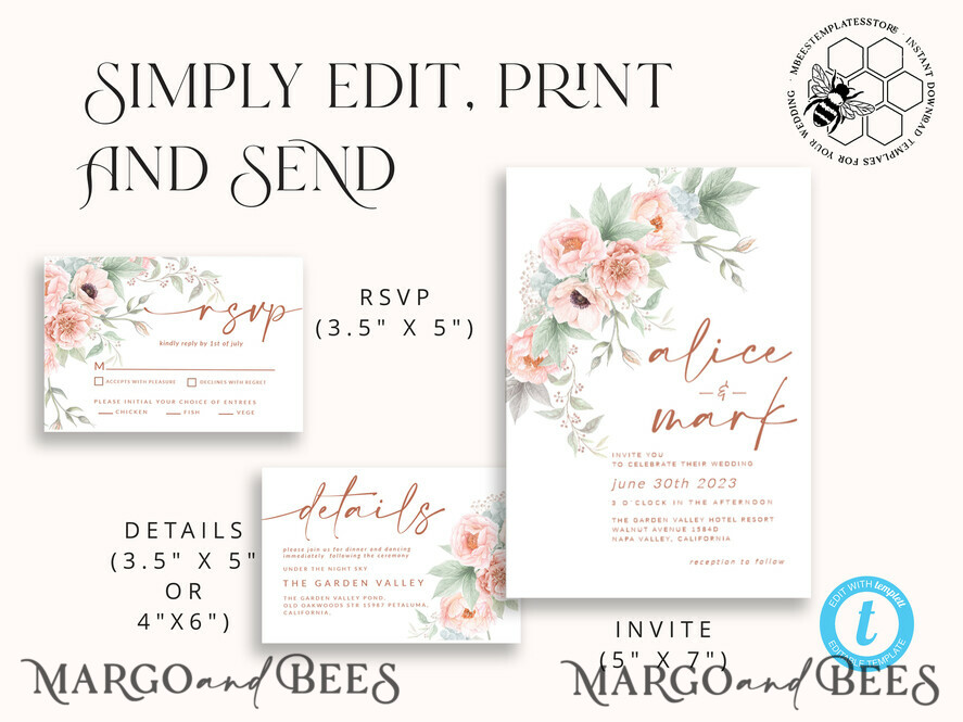 TEMPLETT wedding invitation download Elegant Rustic wedding Invitations Set Template, Instant Download Printable Invites Home Printing, Simple Boho Wedding Invitation Card Set