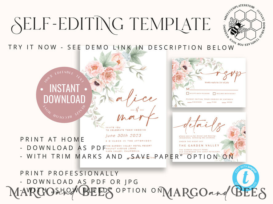 TEMPLETT wedding invitation download Elegant Rustic wedding Invitations Set Template, Instant Download Printable Invites Home Printing, Simple Boho Wedding Invitation Card Set