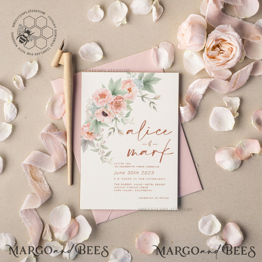 TEMPLETT wedding invitation download Elegant Rustic wedding Invitations Set Template, Instant Download Printable Invites Home Printing, Simple Boho Wedding Invitation Card Set