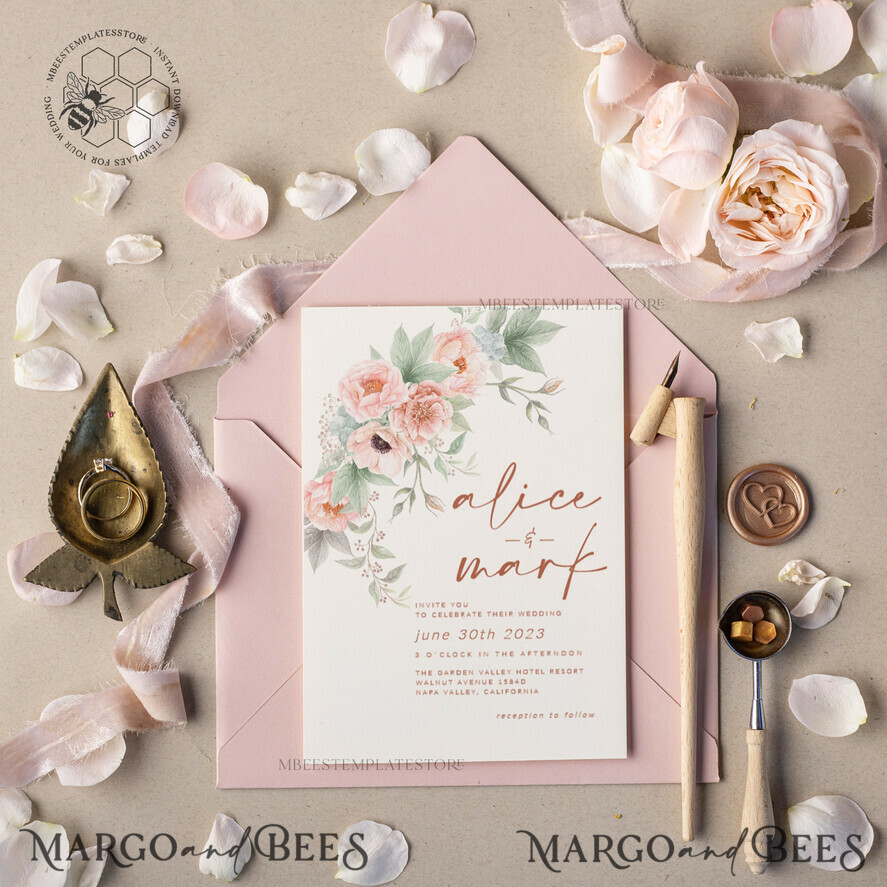TEMPLETT wedding invitation download Elegant Rustic wedding Invitations Set Template, Instant Download Printable Invites Home Printing, Simple Boho Wedding Invitation Card Set