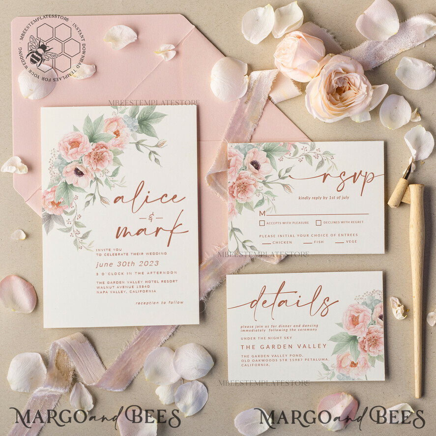 TEMPLETT wedding invitation download Elegant Rustic wedding Invitations Set Template, Instant Download Printable Invites Home Printing, Simple Boho Wedding Invitation Card Set