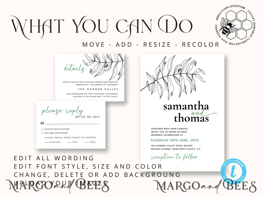 TEMPLETT wedding invitation download Eucalyptus Green wedding invitation template, Instant download Greenery Wedding Invites, Modern Tropical Wedding Invitation Printable