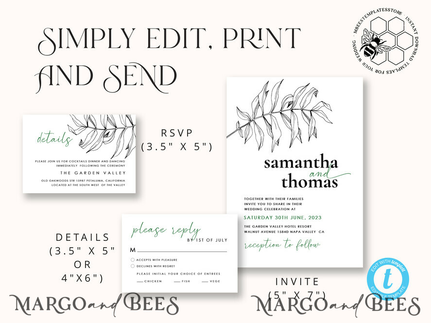 TEMPLETT wedding invitation download Eucalyptus Green wedding invitation template, Instant download Greenery Wedding Invites, Modern Tropical Wedding Invitation Printable