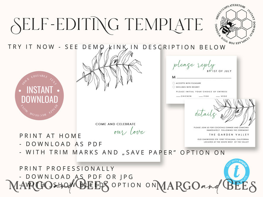 TEMPLETT wedding invitation download Eucalyptus Green wedding invitation template, Instant download Greenery Wedding Invites, Modern Tropical Wedding Invitation Printable