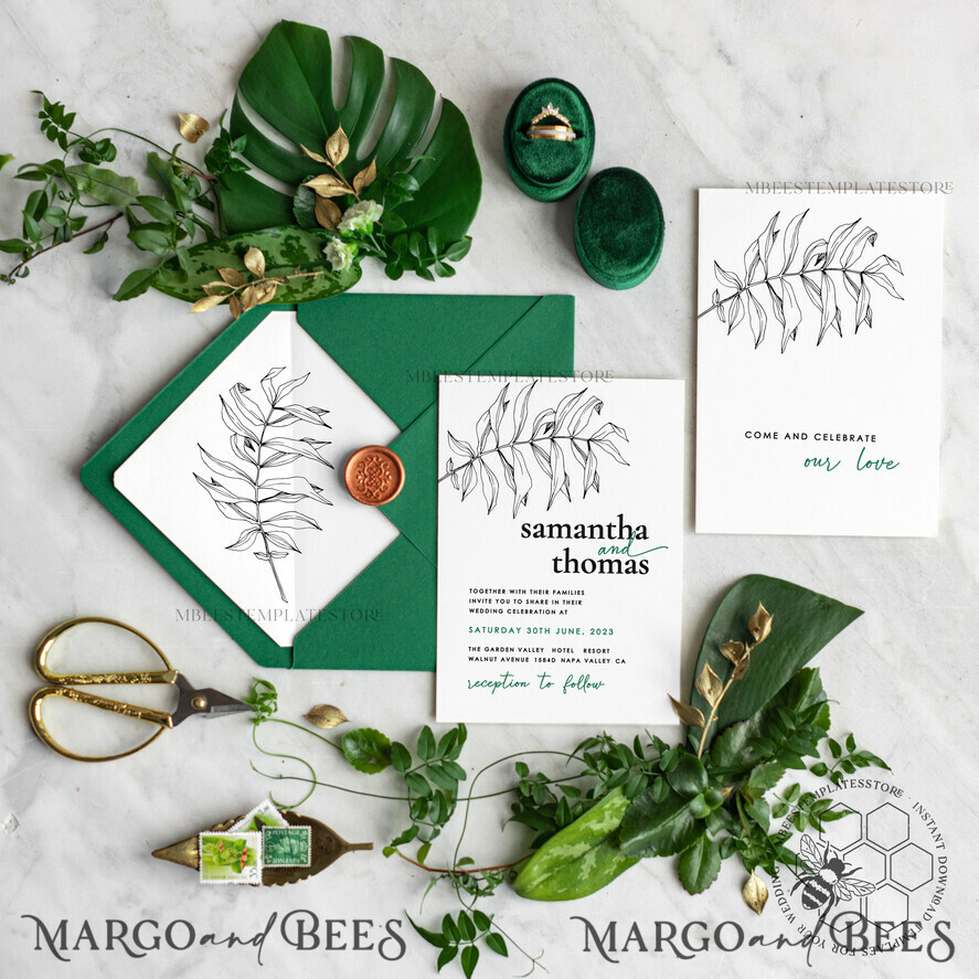 TEMPLETT wedding invitation download Eucalyptus Green wedding invitation template, Instant download Greenery Wedding Invites, Modern Tropical Wedding Invitation Printable