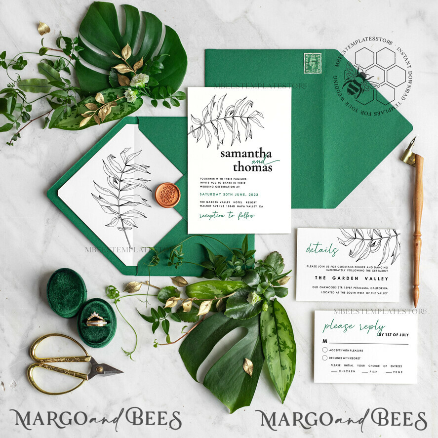 TEMPLETT wedding invitation download Eucalyptus Green wedding invitation template, Instant download Greenery Wedding Invites, Modern Tropical Wedding Invitation Printable