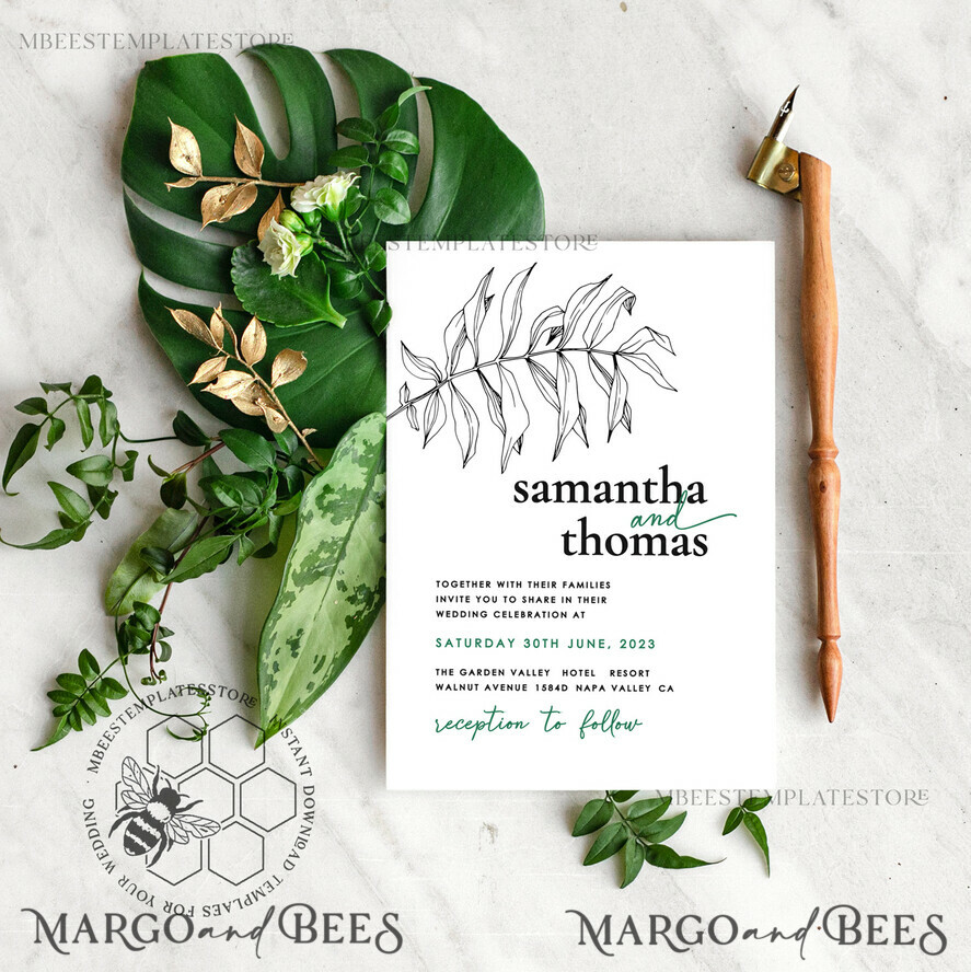 TEMPLETT wedding invitation download Eucalyptus Green wedding invitation template, Instant download Greenery Wedding Invites, Modern Tropical Wedding Invitation Printable