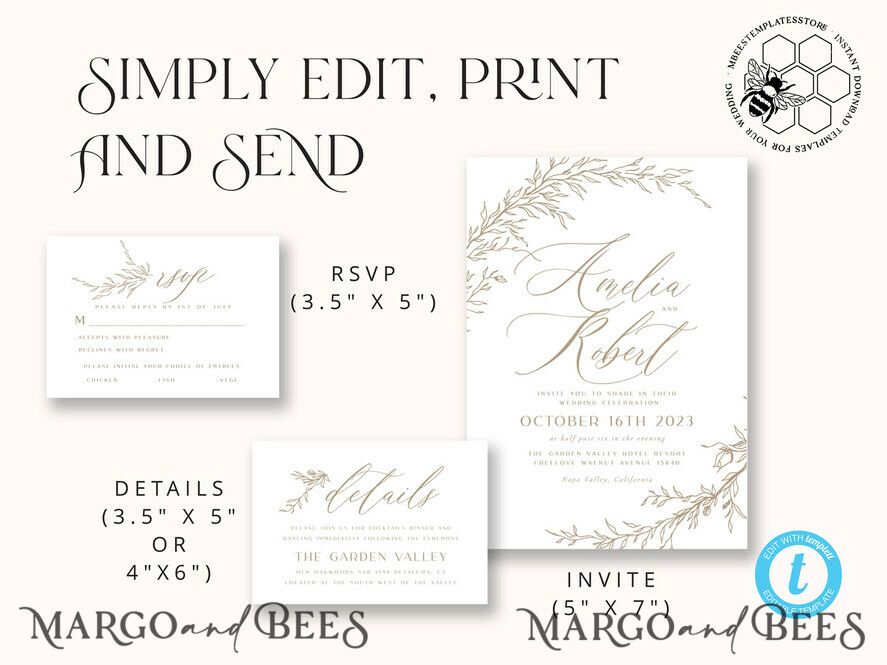 TEMPLETT wedding invitation download Boho Beige wedding Invitations Set Template, Instant Download Printable Invites Home Printing, Simple Wedding Invitation Card, WBoho17