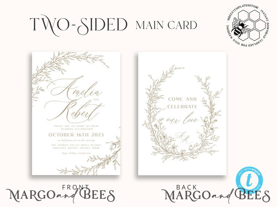 TEMPLETT wedding invitation download Boho Beige wedding Invitations Set Template, Instant Download Printable Invites Home Printing, Simple Wedding Invitation Card, WBoho17