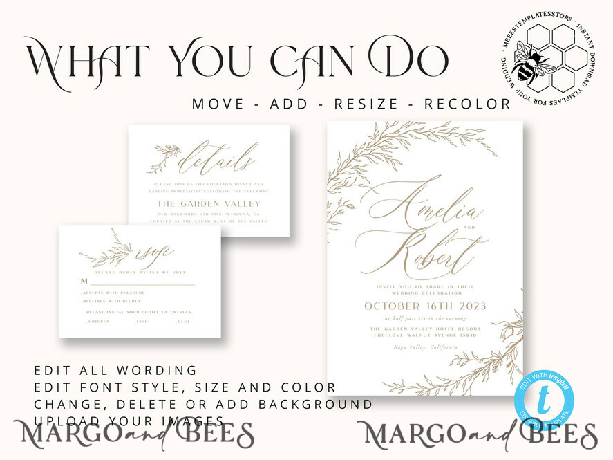 TEMPLETT wedding invitation download Boho Beige wedding Invitations Set Template, Instant Download Printable Invites Home Printing, Simple Wedding Invitation Card, WBoho17