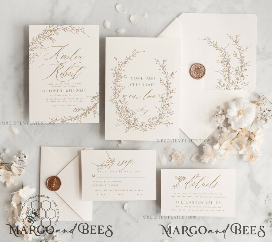 TEMPLETT wedding invitation download Boho Beige wedding Invitations Set Template, Instant Download Printable Invites Home Printing, Simple Wedding Invitation Card, WBoho17