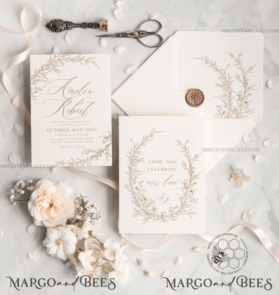 TEMPLETT wedding invitation download Boho Beige wedding Invitations Set Template, Instant Download Printable Invites Home Printing, Simple Wedding Invitation Card, WBoho17