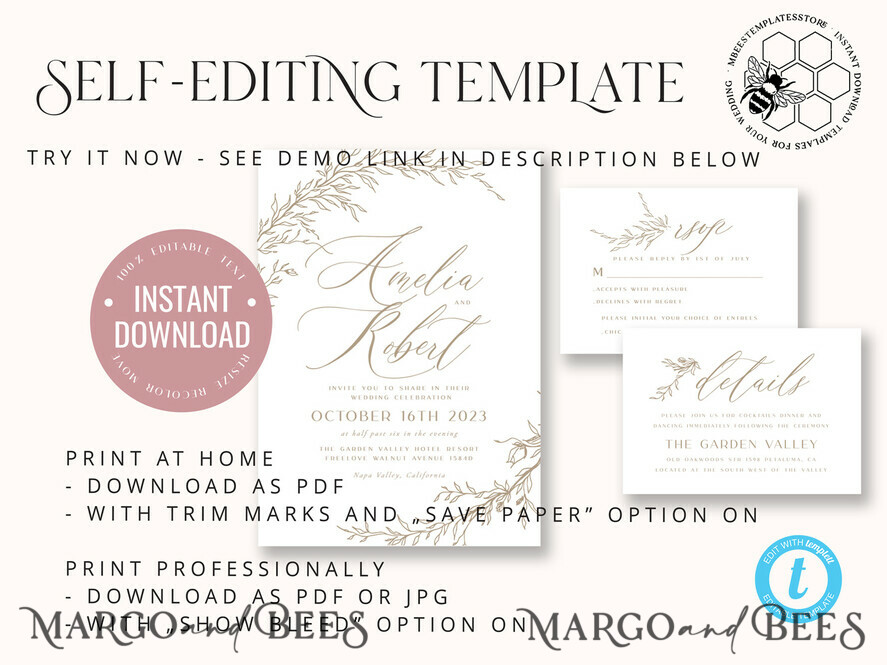 TEMPLETT wedding invitation download Boho Beige wedding Invitations Set Template, Instant Download Printable Invites Home Printing, Simple Wedding Invitation Card, WBoho17