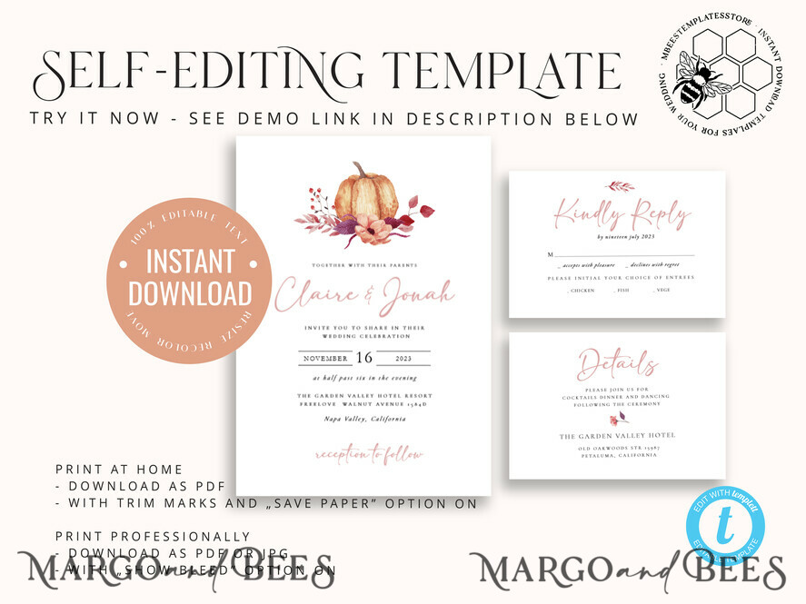 TEMPLETT wedding invitation download Boho fall wedding Invitations Set Pumpkin Template, Instant Fall Download Printable Invites Home Printing, Terracotta Autumn Wedding Invitation Card Set