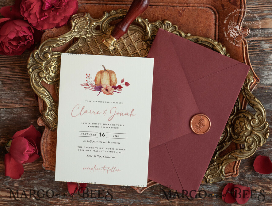 TEMPLETT wedding invitation download Boho fall wedding Invitations Set Pumpkin Template, Instant Fall Download Printable Invites Home Printing, Terracotta Autumn Wedding Invitation Card Set