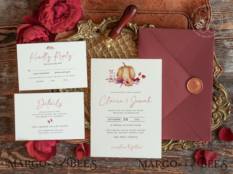 TEMPLETT wedding invitation download Boho fall wedding Invitations Set Pumpkin Template, Instant Fall Download Printable Invites Home Printing, Terracotta Autumn Wedding Invitation Card Set