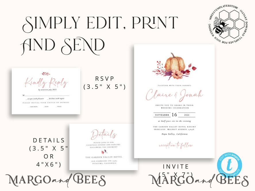 TEMPLETT wedding invitation download Boho fall wedding Invitations Set Pumpkin Template, Instant Fall Download Printable Invites Home Printing, Terracotta Autumn Wedding Invitation Card Set