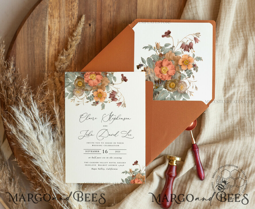 TEMPLETT wedding invitation download Boho fall wedding Invitations Set Template, Instant Download Printable Invites Home Printing, Terracotta Autumn Fine Art Invitation Card Set