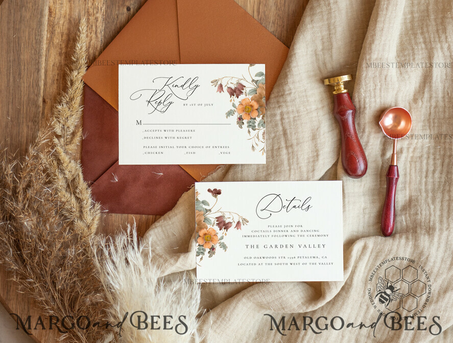 TEMPLETT wedding invitation download Boho fall wedding Invitations Set Template, Instant Download Printable Invites Home Printing, Terracotta Autumn Fine Art Invitation Card Set