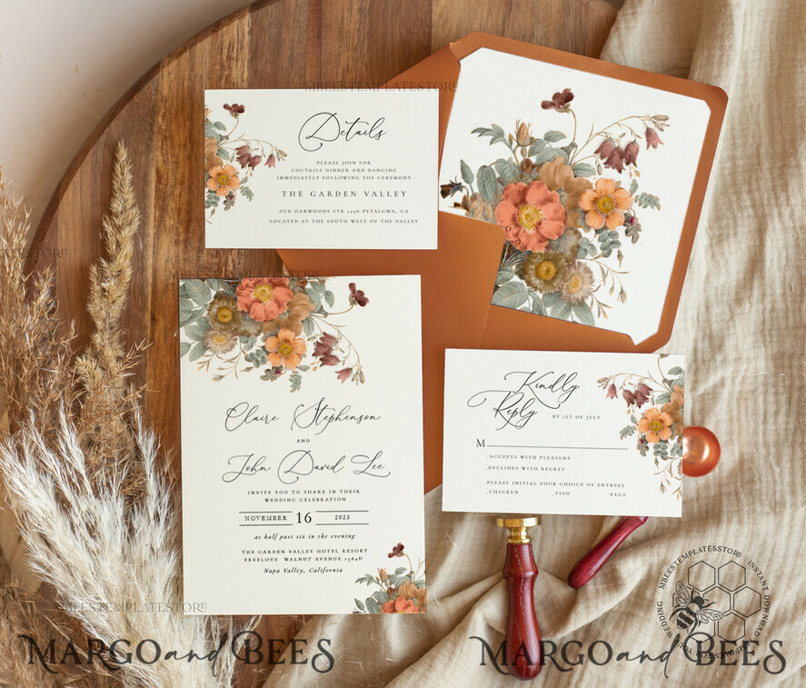 TEMPLETT wedding invitation download Boho fall wedding Invitations Set Template, Instant Download Printable Invites Home Printing, Terracotta Autumn Fine Art Invitation Card Set