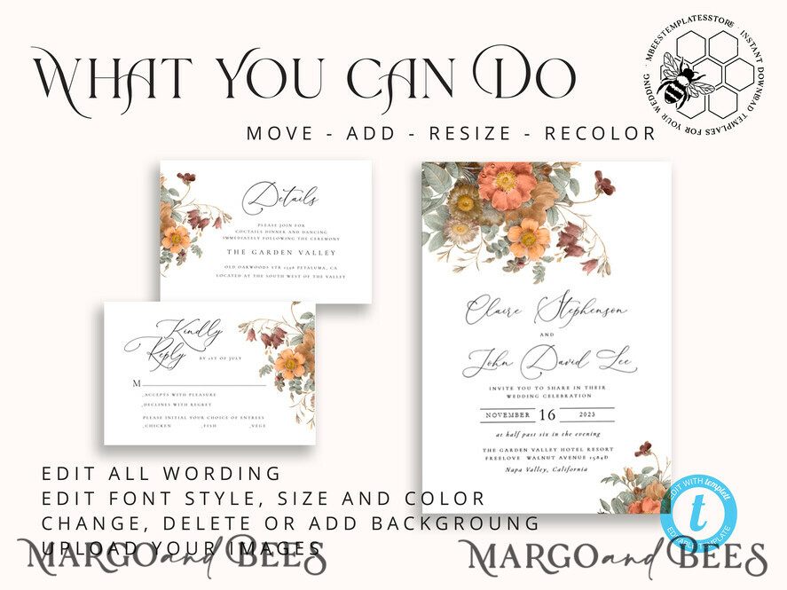 TEMPLETT wedding invitation download Boho fall wedding Invitations Set Template, Instant Download Printable Invites Home Printing, Terracotta Autumn Fine Art Invitation Card Set