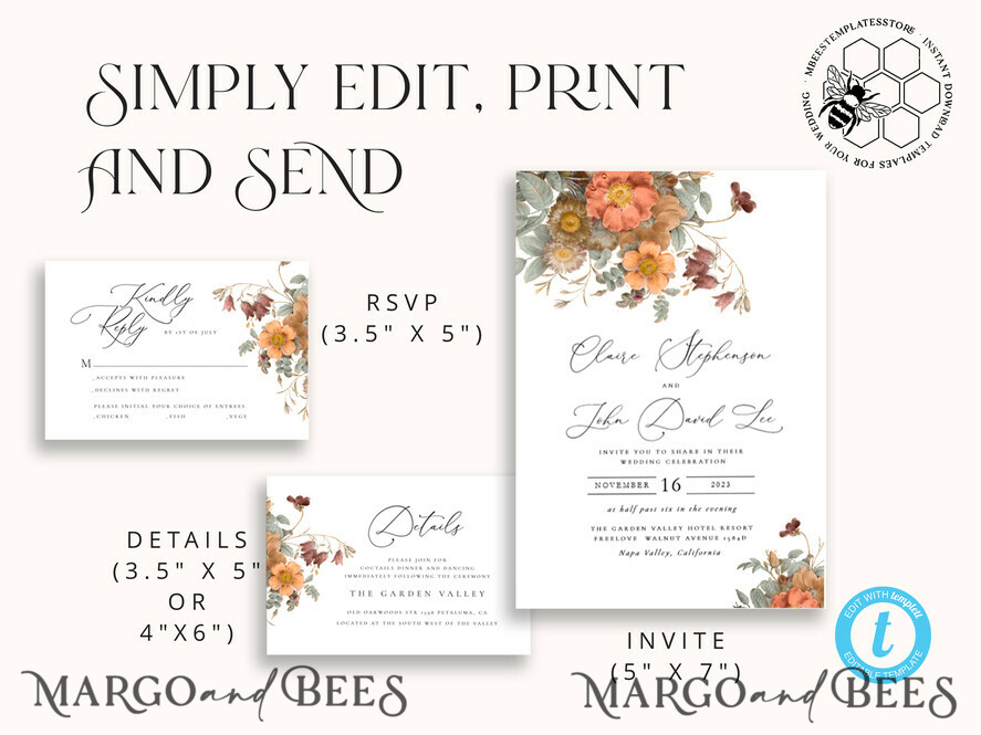 TEMPLETT wedding invitation download Boho fall wedding Invitations Set Template, Instant Download Printable Invites Home Printing, Terracotta Autumn Fine Art Invitation Card Set