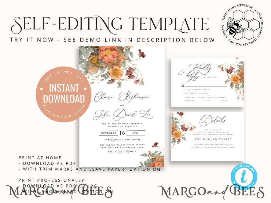 TEMPLETT wedding invitation download Boho fall wedding Invitations Set Template, Instant Download Printable Invites Home Printing, Terracotta Autumn Fine Art Invitation Card Set