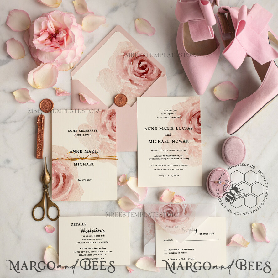 TEMPLETT wedding invitation download Elegant Blush wedding Invitation Template, Instant Download Printable Invites Home Printing, Pink Boho Wedding Invitation Card Set Template