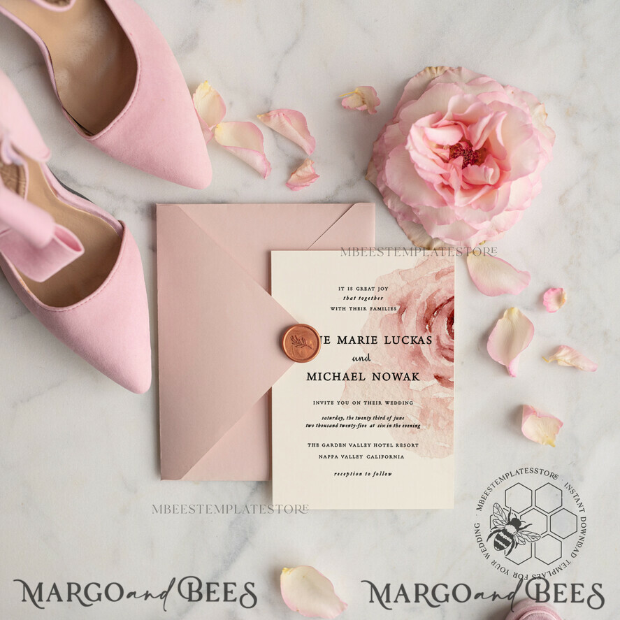 TEMPLETT wedding invitation download Elegant Blush wedding Invitation Template, Instant Download Printable Invites Home Printing, Pink Boho Wedding Invitation Card Set Template